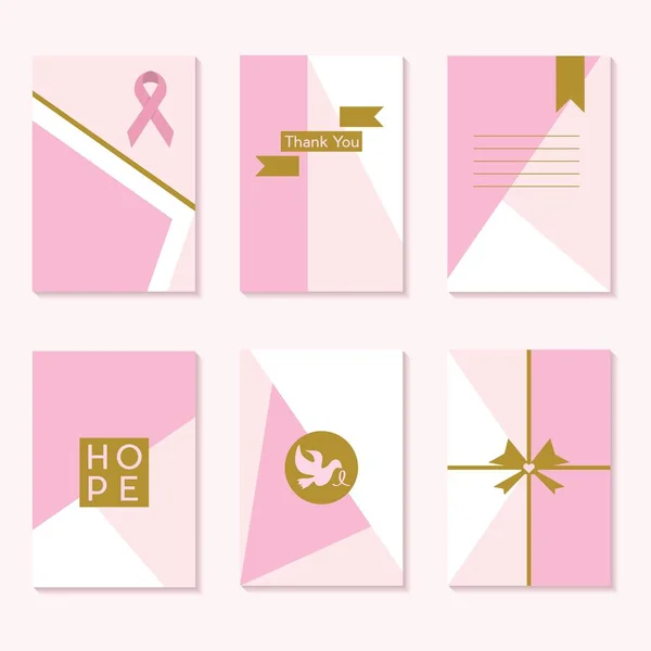 Lindo rosa Cancer Awareness fondos de moda plantillas de tarjetas con etiquetas doradas y elementos de diseño emblemas — Vector de stock