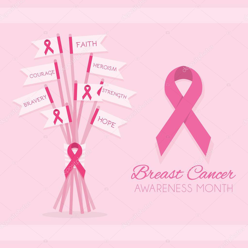 Breast Cancer Awareness Month pink ribbon poster with encouragement flag sticks