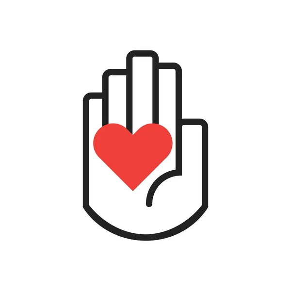 Isolato linea nera simbolo della mano che tiene l'icona del segno del cuore rosso su sfondo bianco — Vettoriale Stock