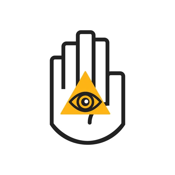 Απομονωμένη μαύρη γραμμή σύμβολο χέρι εκμετάλλευση μάτι τρίγωνο πορτοκαλί εικονίδιο "υπογραφή" σε λευκό φόντο — Διανυσματικό Αρχείο