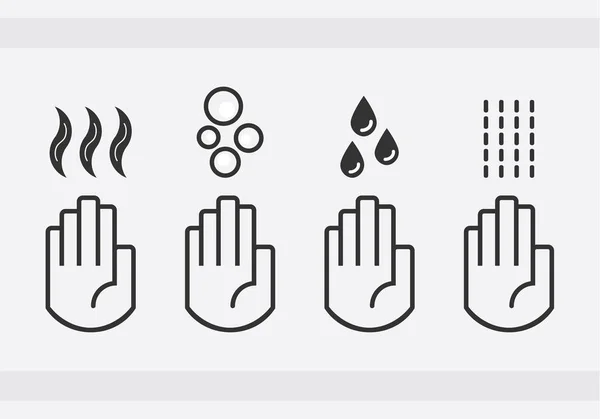 Mãos de lavagem isoladas pretas com gotas de água, sabão e ícones de sinal de ar secador definido no fundo cinza —  Vetores de Stock