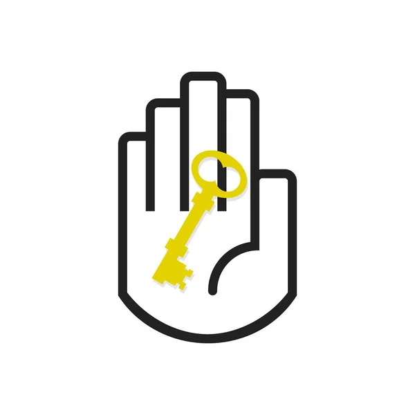 Geïsoleerde zwarte lijn hand symbool gouden sleutel teken pictogram houden op witte achtergrond — Stockvector