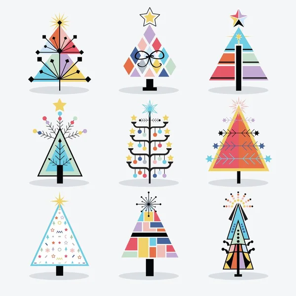 Retro colorful and trendy isolated pop art Christmas trees icons set on white background — Stock Vector