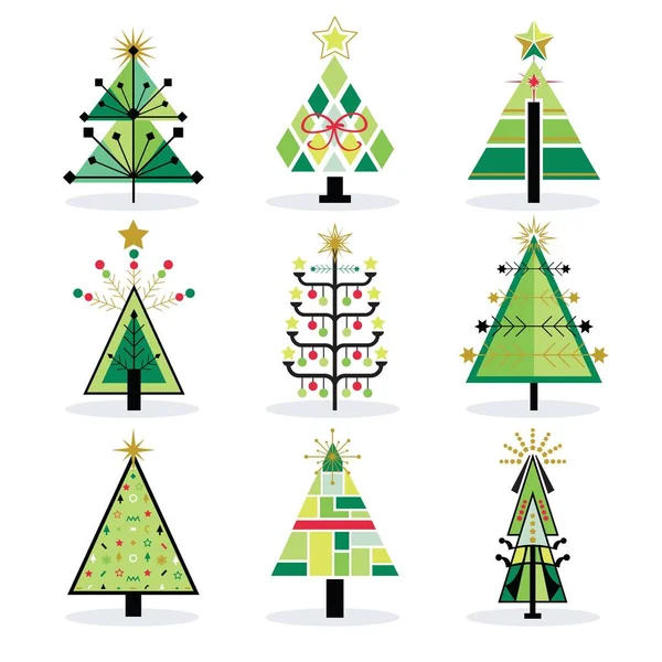 Retro green and trendy isolated pop art Christmas trees icons set on white background — Stock Vector