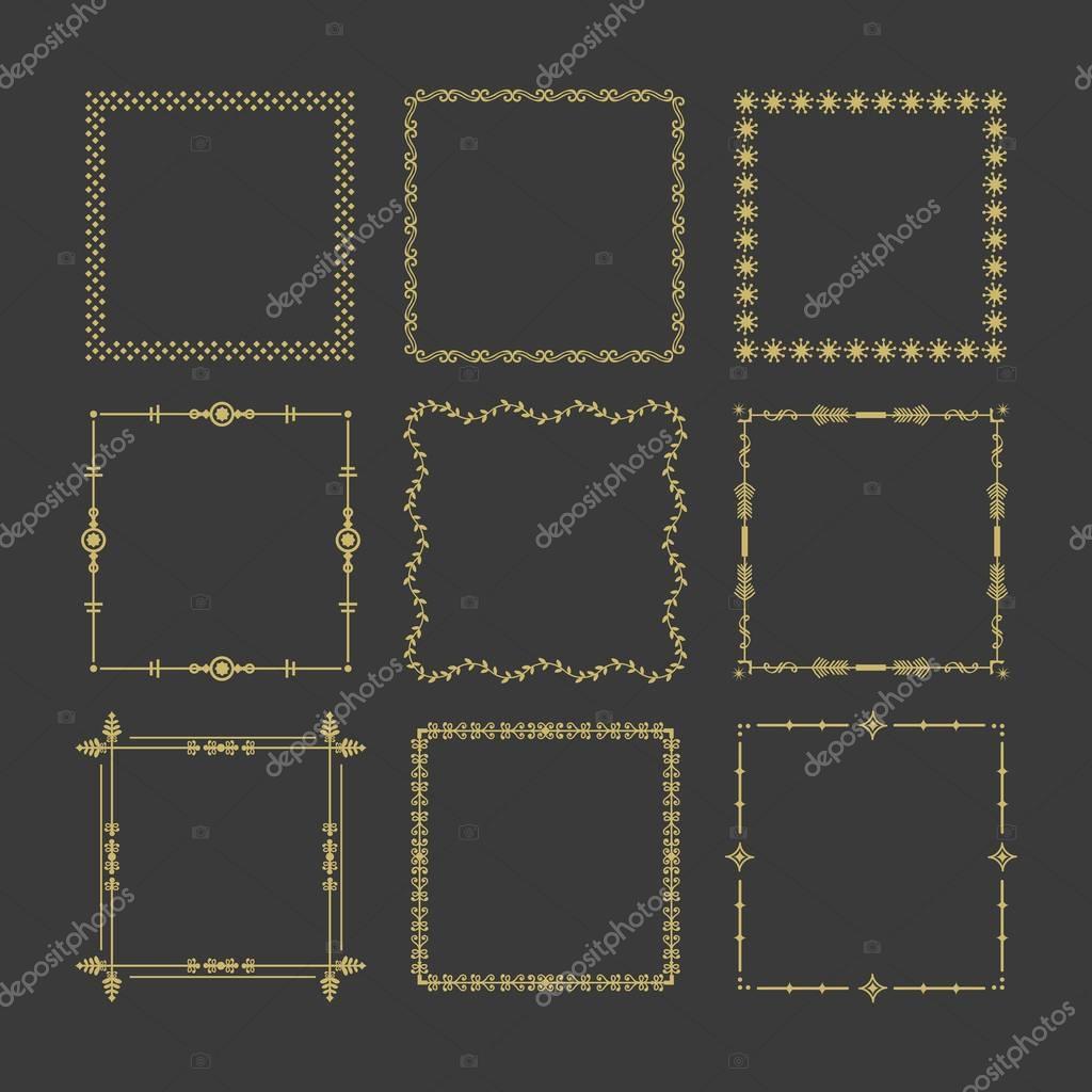 Golden Christmas square frames and borders emblem icons set on black background