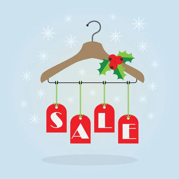 Weihnachten Urlaub rot hängenden Verkauf Tags auf Kleiderbügel mit Mistel Dekoration Symbole auf blauem Farbverlauf Hintergrund — Stockvektor
