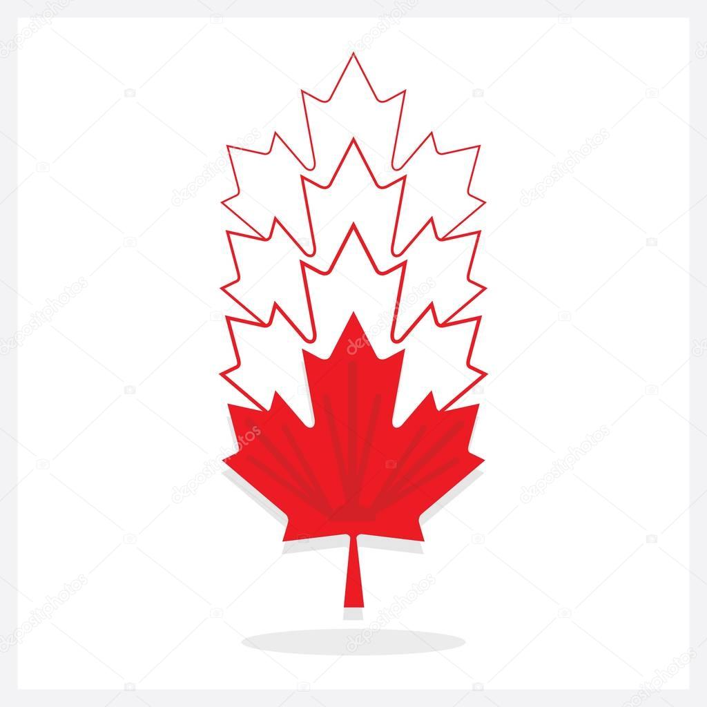 Abstract vertical faded away line red maple leaf emblems icons on white background