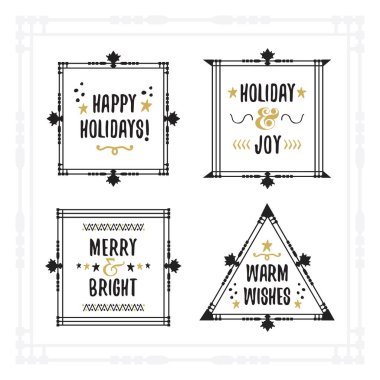İletilerle beyaz arka planda siyah ve altın tatil amblemi çerçeveler