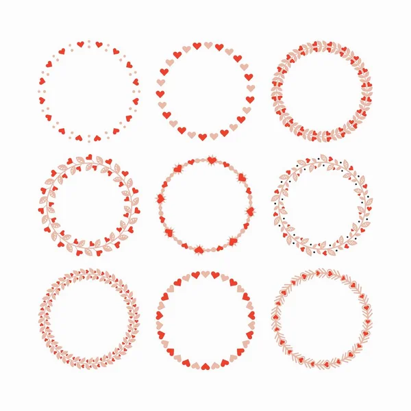 一連の赤とピンクのハートの花輪と円ボーダー パターンの装飾的なエンブレム バッジ デザイン フレームワークの要素と — ストックベクタ