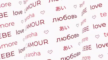 Sevgililer Günü için farklı dillerde kelimelerle ifade edilen sevgi, aşk, aşk, aşk ve Japonca aşk sözcükleri. Romantik arka plan girişi.