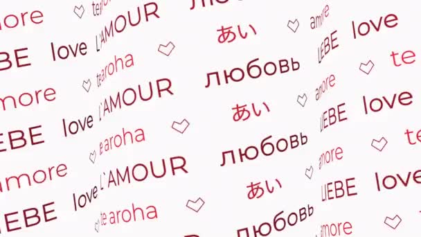 Słowa Miłosne Poruszający Wzór Pętli Wideo Walentynki Słowami Różnych Językach — Wideo stockowe