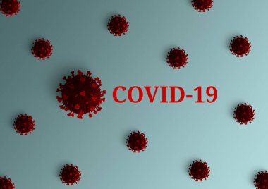 Akut solunum enfeksiyonlarına ve yaygın soğuk algınlıklarına, SARS-CoV-2 moleküllerine neden olan kırmızı Covid-19 koronavirüs molekülleri içeren pankart. 3 Boyutlu Görselleştirme, 3 Boyutlu Resim