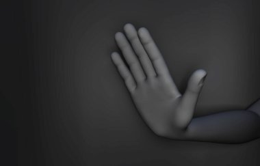 Bir şeyden vazgeçmeyi sembolize eden uzanmış bir eli olan minimalist bir siyah arkaplan. 3 Boyutlu Görselleştirme, 3 Boyutlu Resim