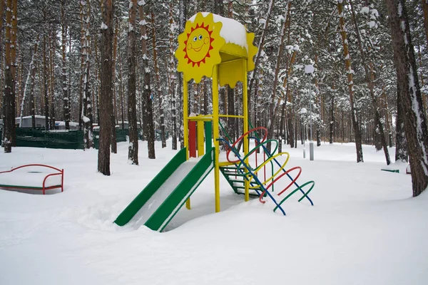 Snow Covered Children Slide Playground Forest Frosty Morning Forest — Stock Photo, Image