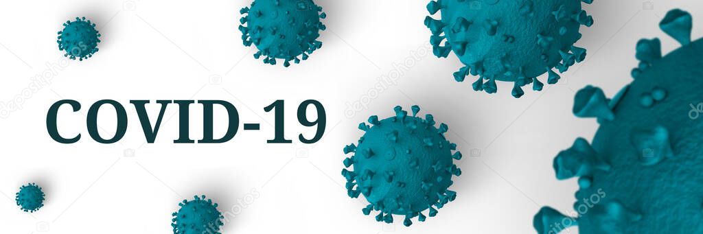 Banner with turquoise molecules of Covid-19 coronavirus, a virus that causes acute respiratory infections and common colds, SARS-CoV-2 molecules. 3D Visualization, 3d Illustration