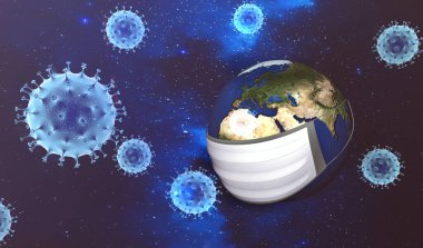 Tıbbi maskeli dünya beyaz arka planda izole edilmiş durumda. Koronavirüs konsepti, COVID-19 salgını ve güvenlik. Uzayda korona virüsünden korunan bir dünya. 3d oluşturma