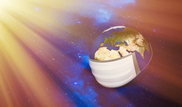 Dünya Gezegeni 'nin yüz maskesi ile 3 boyutlu görüntülenmesi Covid-19' u korur. Dünya tıbbi konsepti. NASA tarafından döşenmiş bu alanın elementleri. 