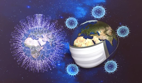 Earth in medical mask isolated on white background space, concept of coronavirus in world, COVID-19 pandemic. Globe with protect from corona virus in space. 3d Rendering.