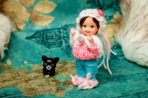 Eine Kleine Wunderschöne Kinderpuppe Die Schönen Orten Posiert Nahaufnahme Spielzeug — Stockfoto