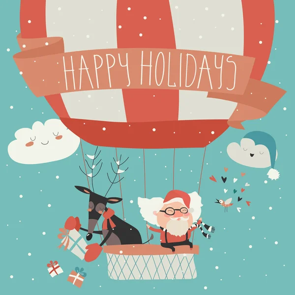Santa Claus volando en globo aerostático con renos — Vector de stock