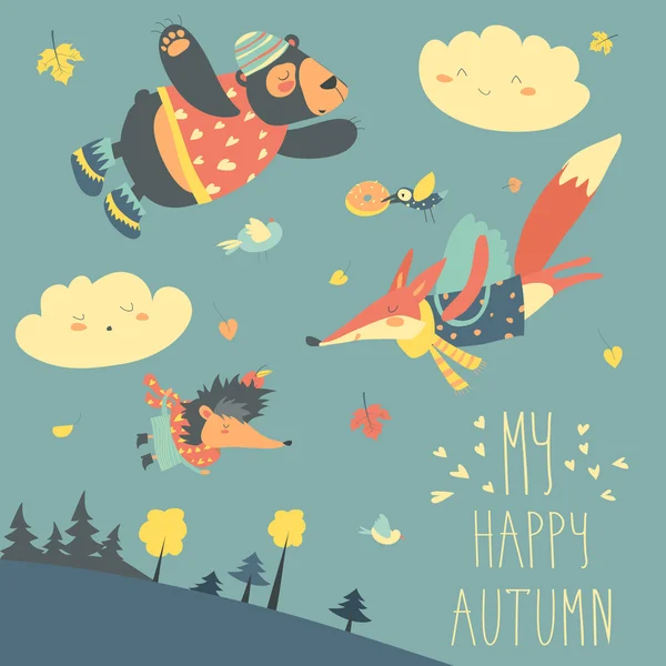 Animaux mignons et feuilles d'automne volant dans le ciel — Image vectorielle