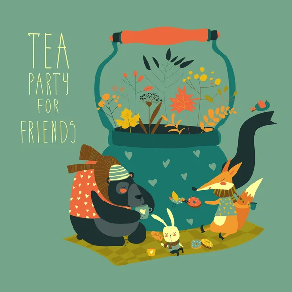 Cute animals friends sitting around teapot — Stock Vector