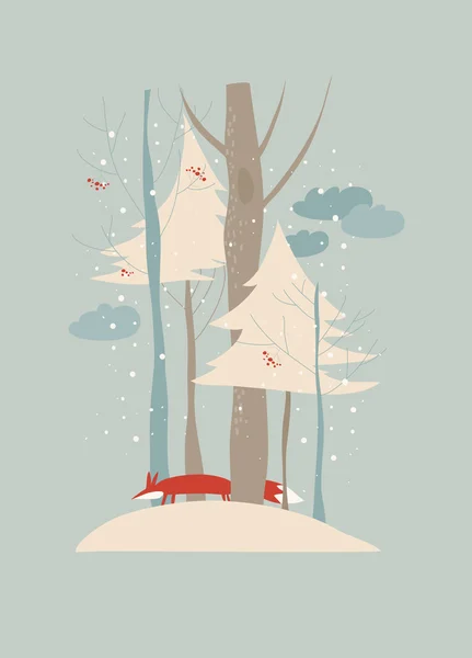 Paesaggio invernale con alberi e volpi — Vettoriale Stock