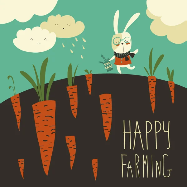 Petit lapin et champ de carottes — Image vectorielle