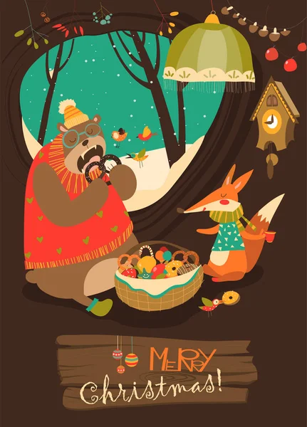 Cute bear and fox celebrating Christmas in den — Stock Illustration Cute bear and fox celebrating Christmas in den Vector Graphics