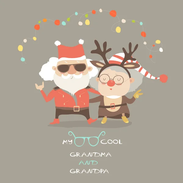很酷的奶奶和爷爷作为圣诞老人和驯鹿 — 图库矢量图片