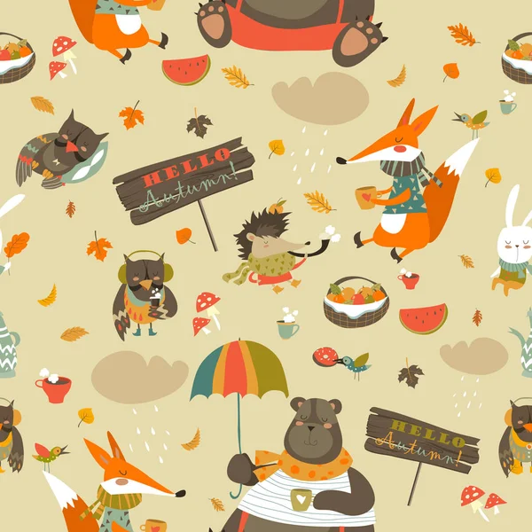 Autumn forest seamless pattern with cute animals — Stock Vector