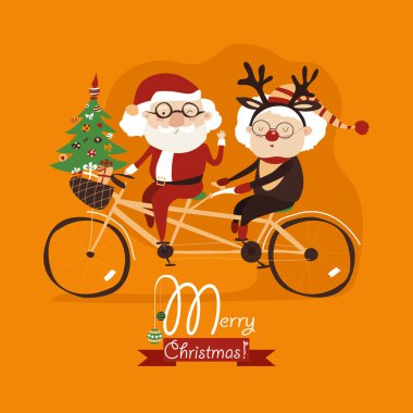 Serin büyükanne büyükbaba santa claus ve bir bisiklet tandem sürme Ren geyiği ile