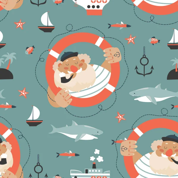 Seamless pattern with old sailor,lifebuoy,fish,vessel and anchor — Stock Vector