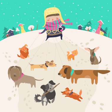 Bir yürüyüşe köpek sürüsü alarak kız, köpek-walker,.
