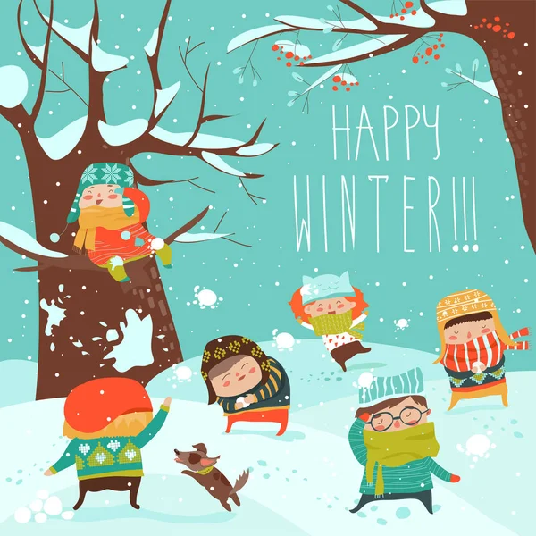 Funny kids playing snowball fight — Stock Illustration Funny kids playing snowball fight Royalty Free Stock Illustrations