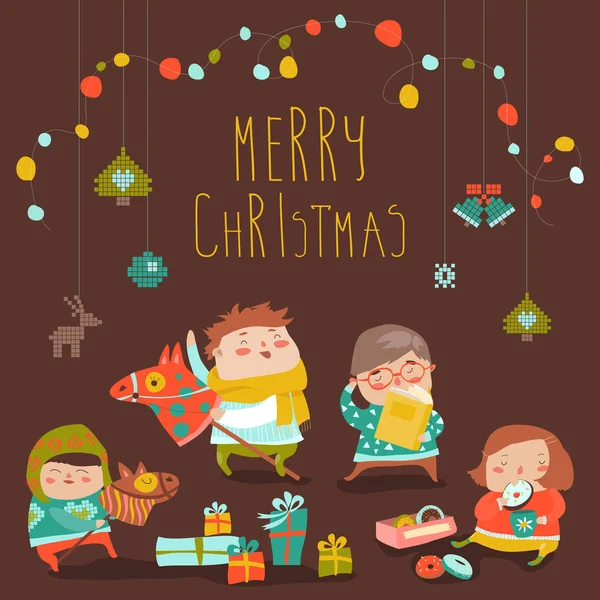 Cartão com crianças bonitos, doces e presentes de Natal —  Vetores de Stock