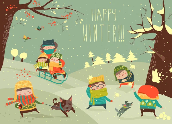 Lindo niños jugando invierno juegos — Vector de stock