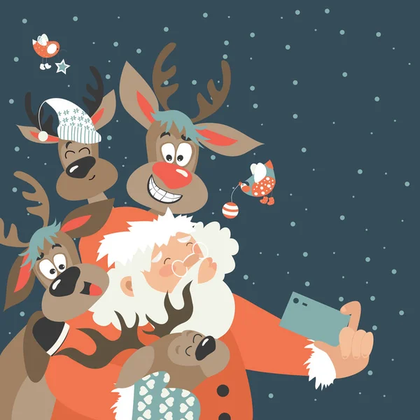 Santa en rendieren nemen een selfie — Stockvector