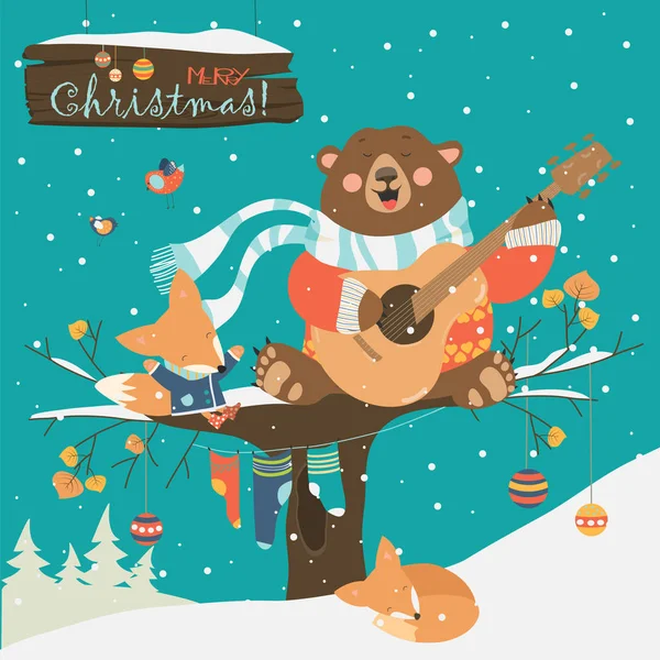 Cute bear and little fox celebrating Christmas — Stock Vector
