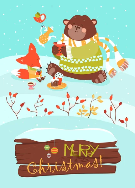 Bonito oso y pequeño zorro celebrando la Navidad — Vector de stock