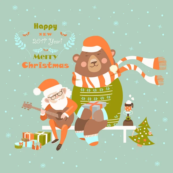 Santa Claus toca la guitarra para el oso — Vector de stock