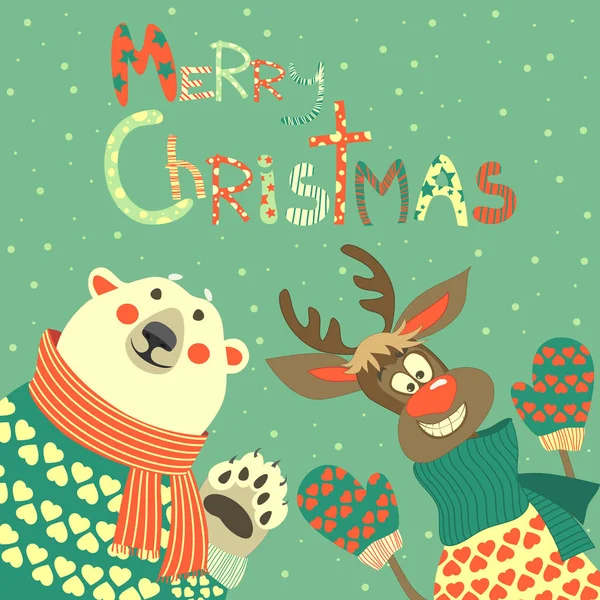 Rennes et ours polaires célébrant Noël — Image vectorielle