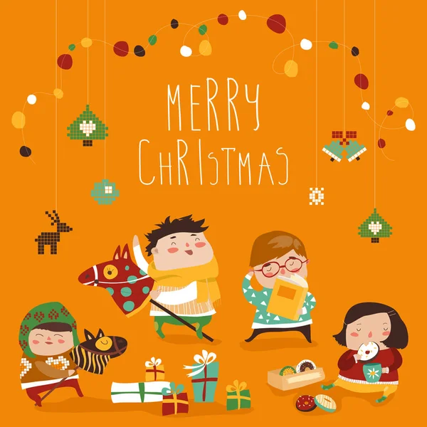 Tarjeta con niños lindos, dulces y regalos de Navidad — Vector de stock