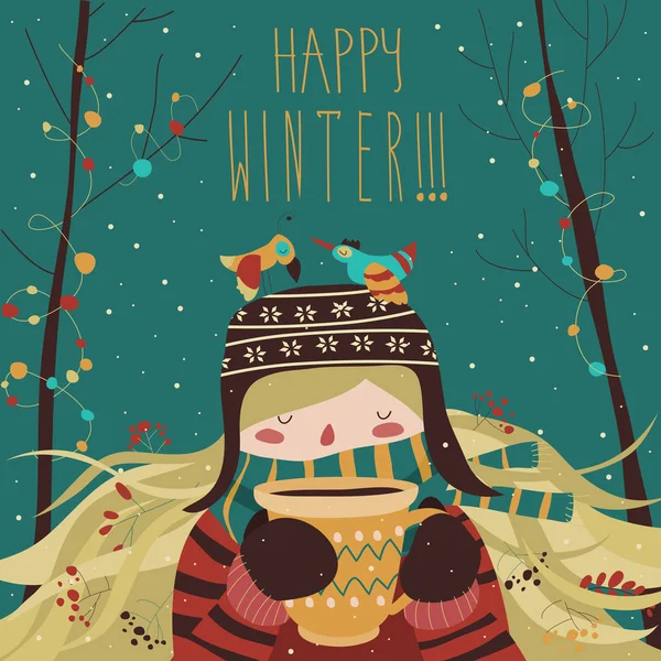 Linda chica de dibujos animados de invierno con café — Vector de stock