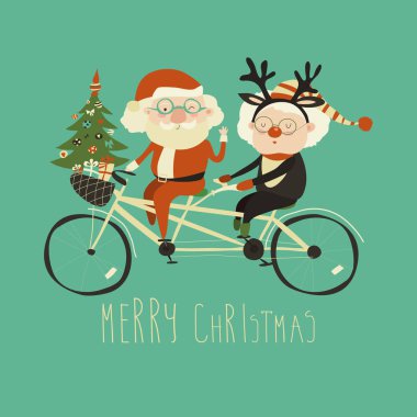 Serin büyükanne büyükbaba santa claus ve bir bisiklet tandem sürme Ren geyiği ile