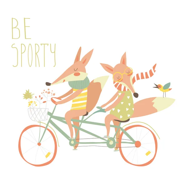 Cute couple foxes ride tandem bicycle — Stock Vector