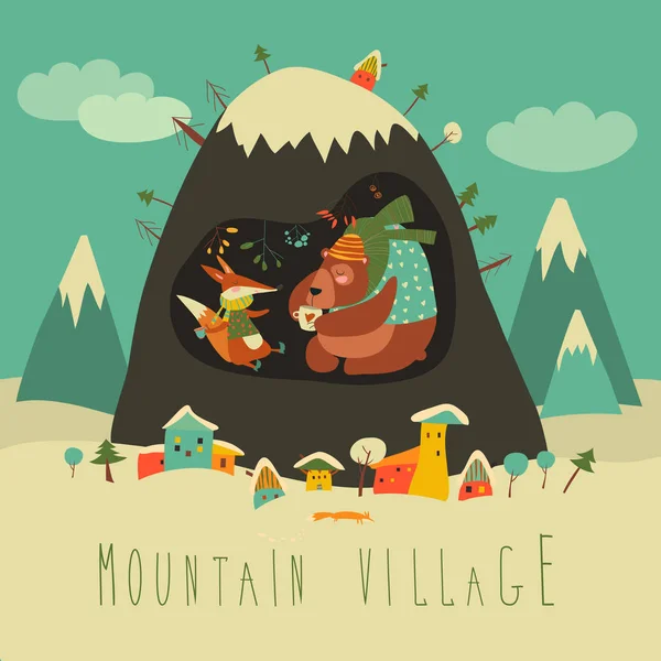 Village enneigé par la montagne avec ours et renard à l'intérieur de la grotte — Image vectorielle