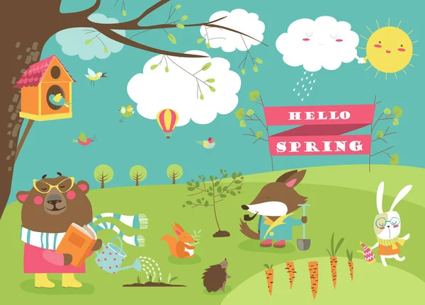 Animales lindos en bosque de primavera — Vector de stock