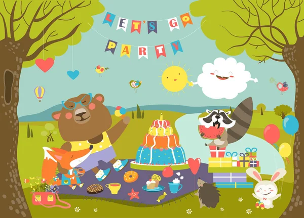 Animais de desenhos animados comemorando o aniversário na floresta — Vetor de Stock