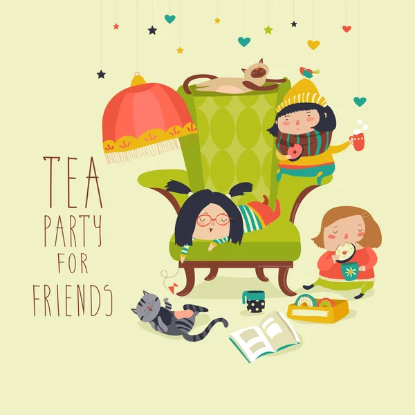 Group of Friends Having a Tea Party — Stock Vector